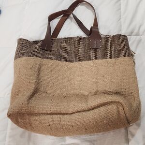 J JILL Mixed Stripes Jute Tote Bag Natural/Dark Leather Handles Tassle Accent
